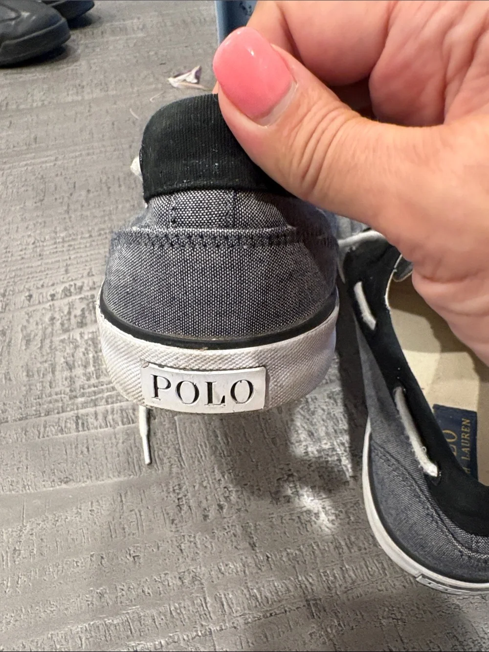 Polo by Ralph Lauren Denim like canvas and Navy Trim Boat Shoes with White Laces